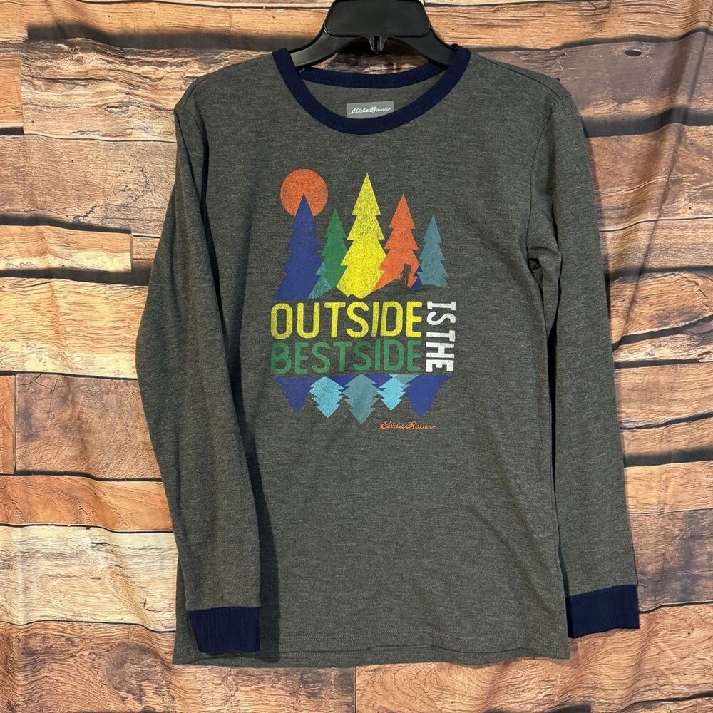 Eddie Bauer Kids Shirt Large 14 16 Gray Outside Is The Best Side Long Sleeve Tee
